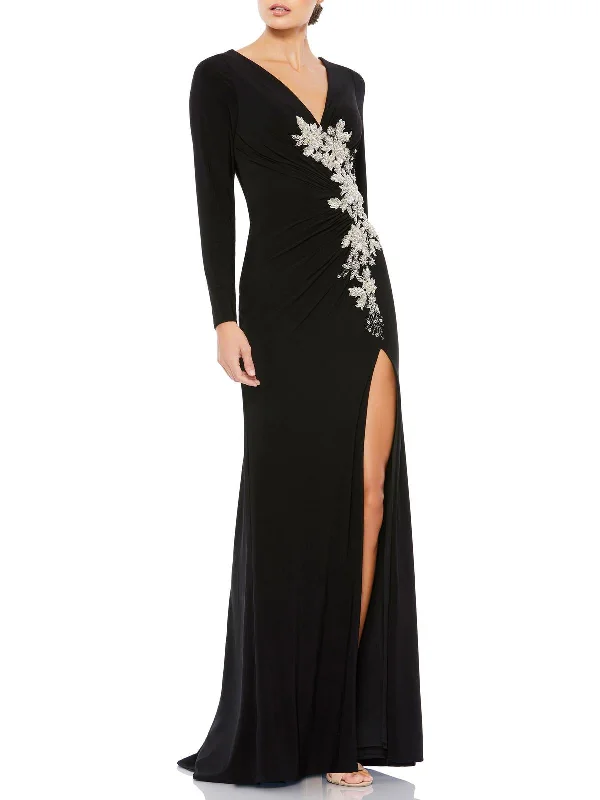 Womens Embellished Ruched Evening Dress