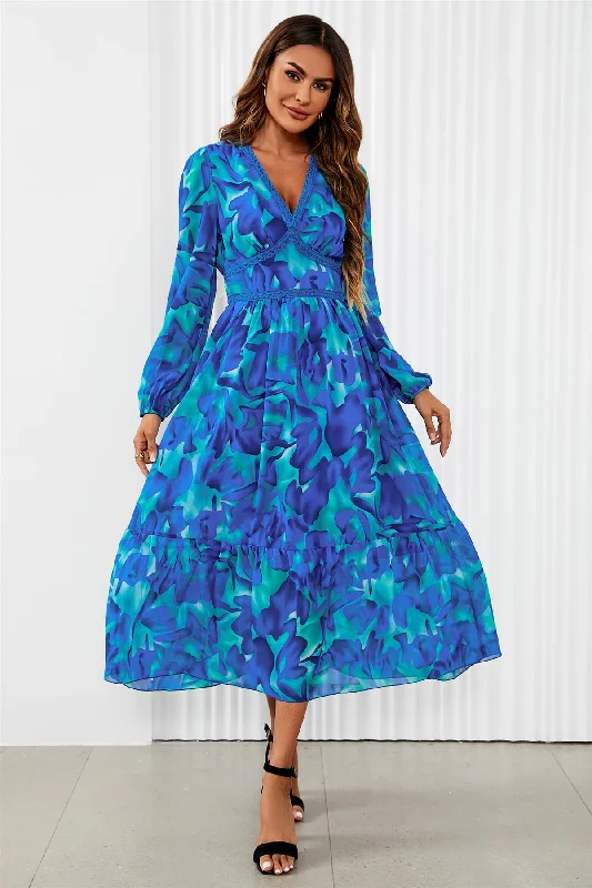 Value Deals Floral Print Long Sleeve Maxi Dress In Blue