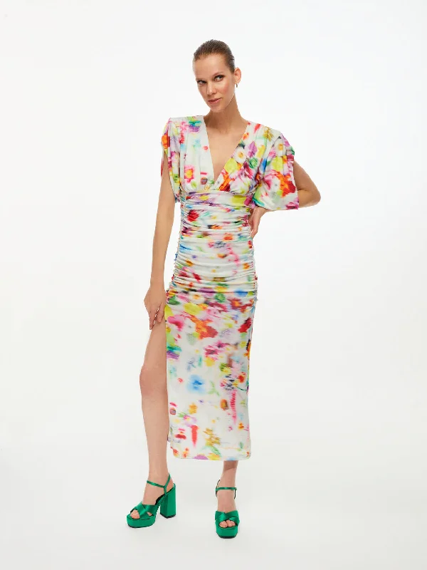 Printed Shoulder Pad Draped Dress