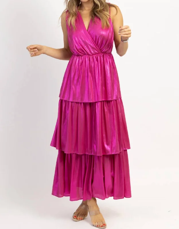 Shimmer Tiered Maxi Dress In Fuschia