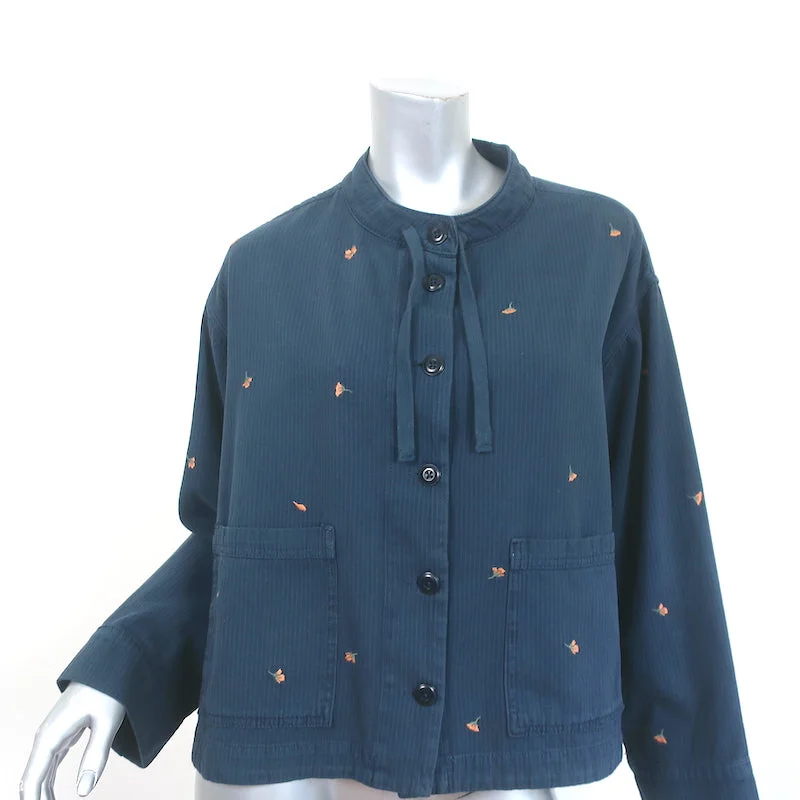 THE GREAT Jacket Navy Floral-Embroidered Cotton Size 0