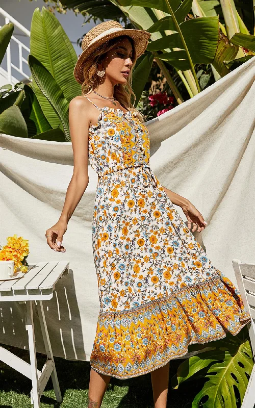 Low Prices Yellow & Blue Floral Button Front Strappy Midi Dress In White
