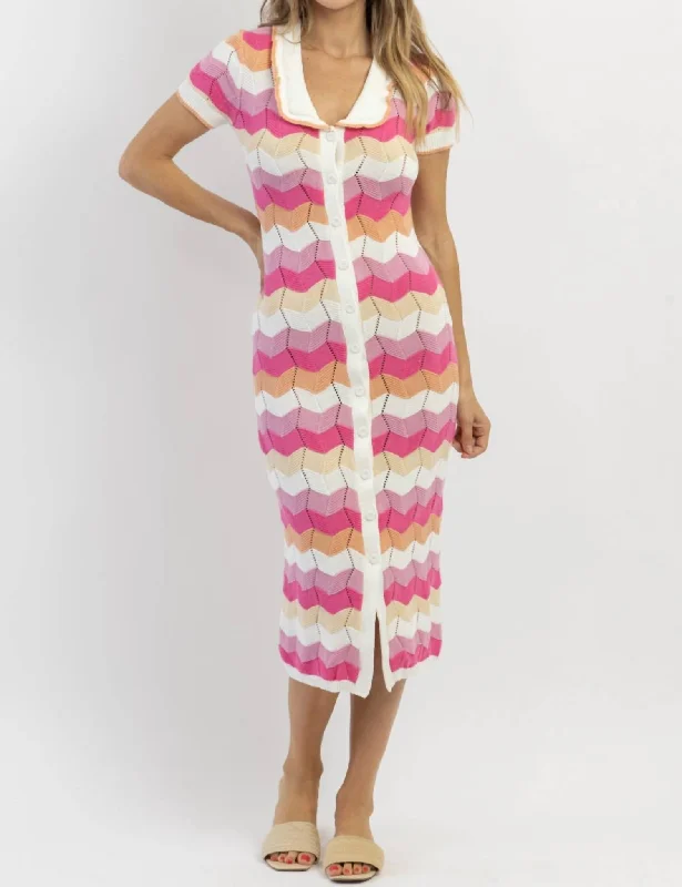 Stripe Crochet Midi Dress In Siesta Pink