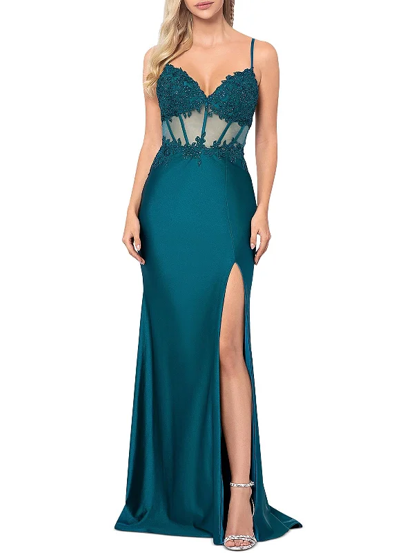 Womens Sateen Embellished Evening Dress