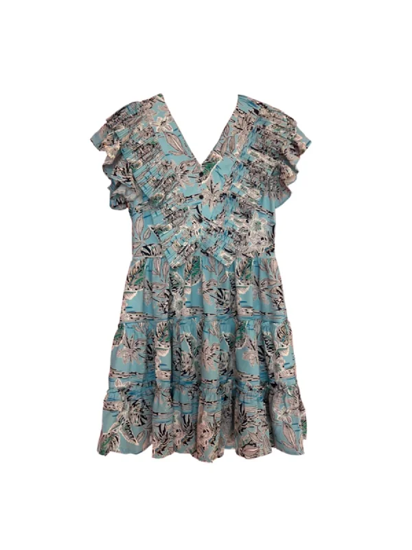 Pleaty Tiered Dress In Blue Foliage