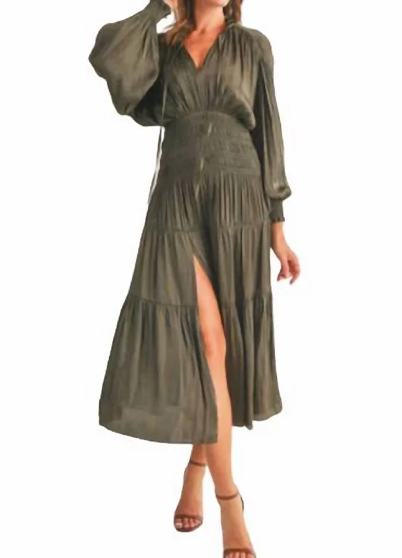 Satin Midi Dress In Olive