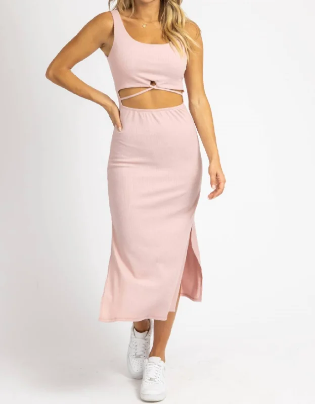 Ribbed Cutout Midi Dress In Baby Pink