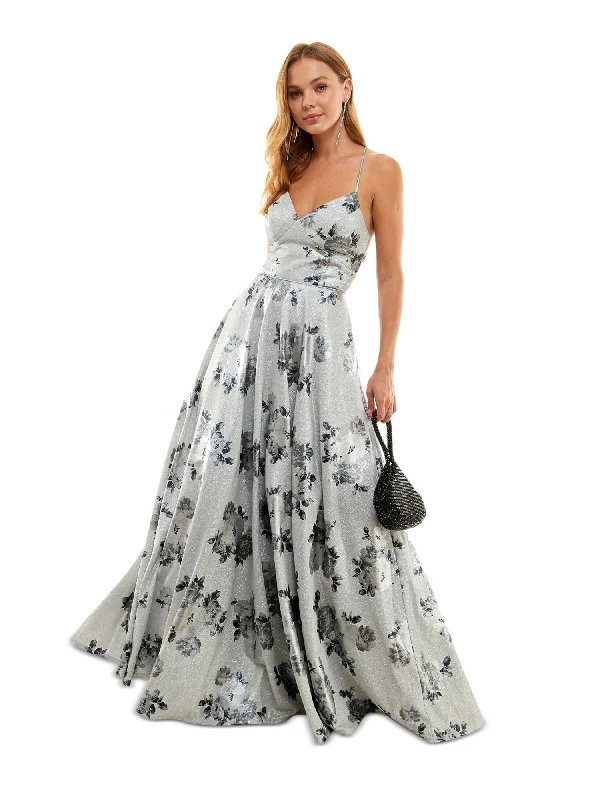 Deal Dash CITY STUDIO Womens Zippered Floral Sleeveless V Neck Full-Length Prom Gown Dress