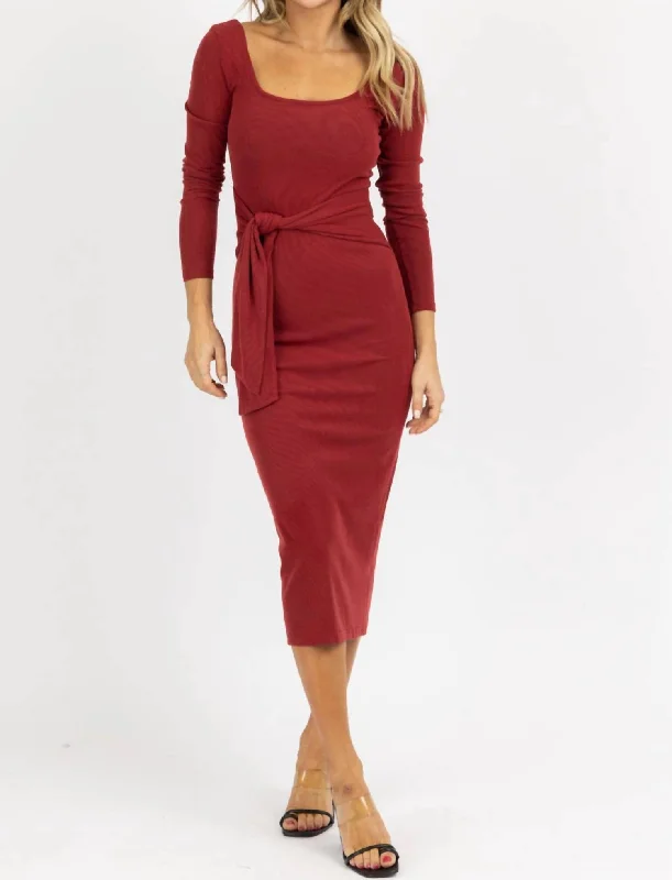 Long Sleeve Tie Front Maxi Dress In Burgundy