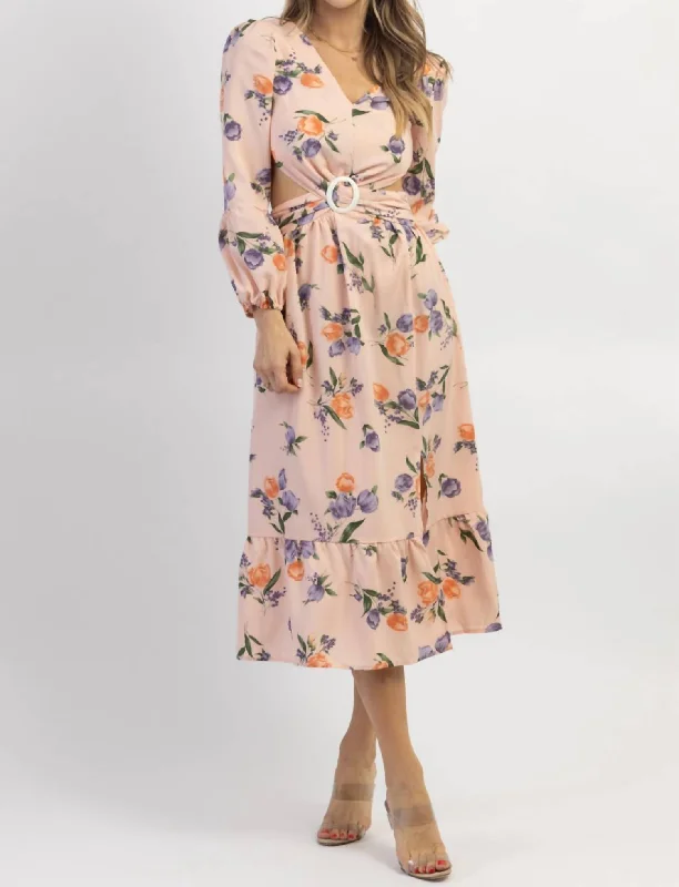 Floral Buckle Midi Dress In Baby Pink