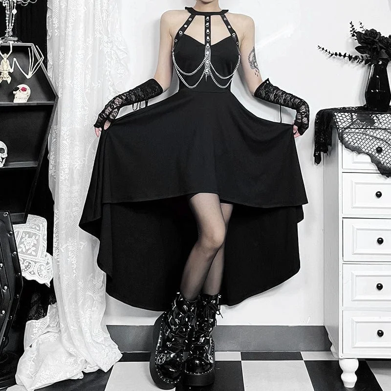 Warehouse Sale Women's Punk Eyelet Chain High/Low Witch Dress