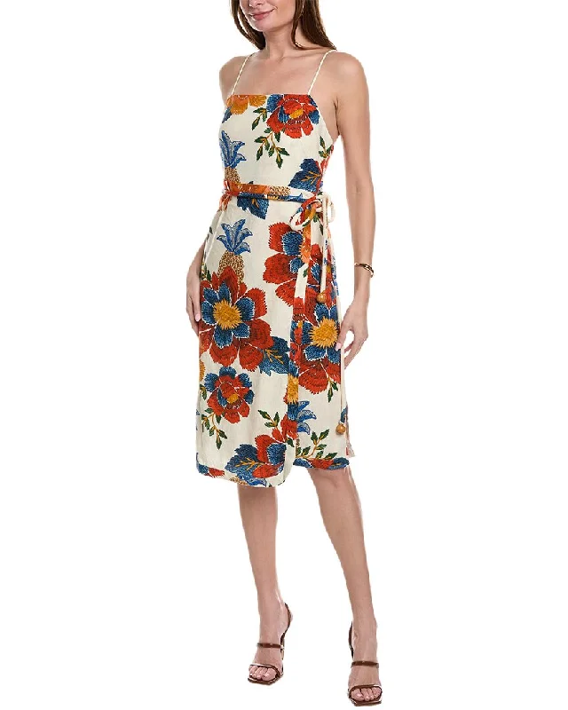 FARM Rio Pineapple Flowers Wrap Panel Linen-Blend Midi Dress