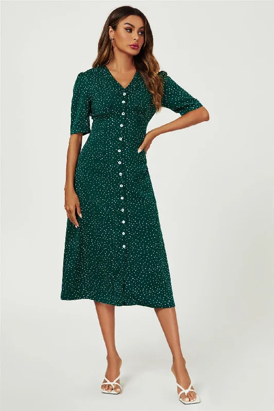 Epic Deals Dot Print Button Front Midi Dress In Green