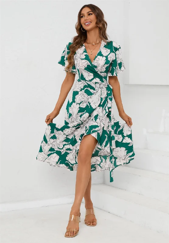 Major Savings Angel Sleeve Wrap Midi Dress In Green