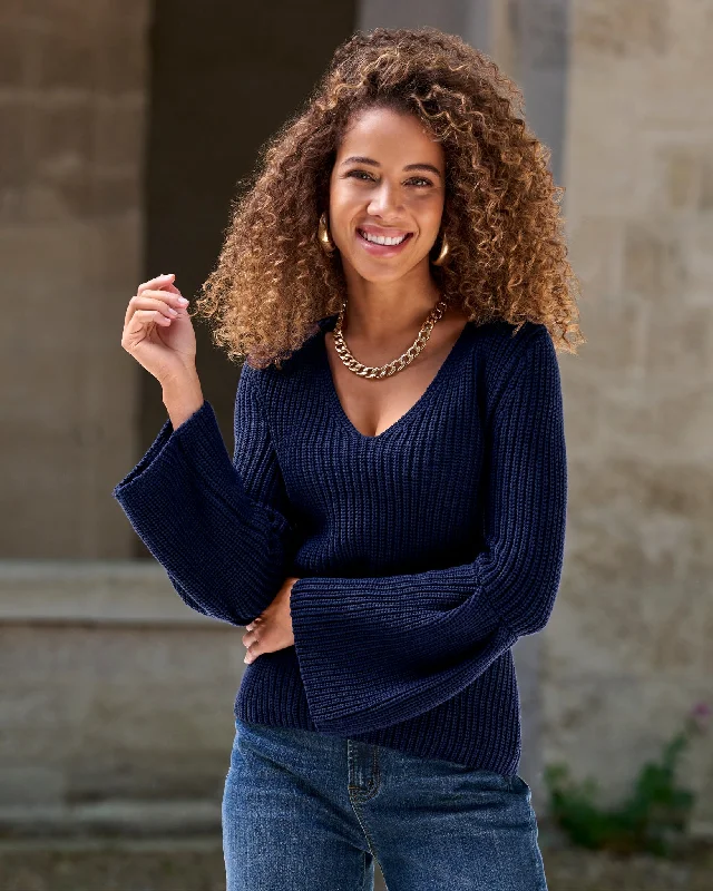 Huge Discounts Flare Sleeve V Neck Sweater Navy
