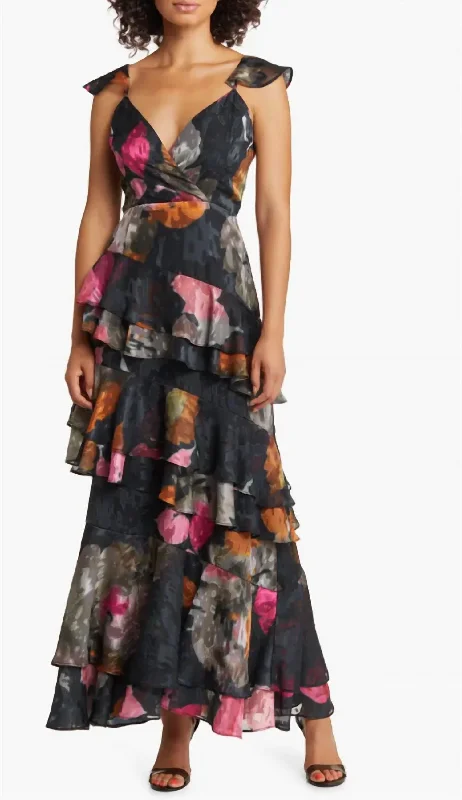 Miah Ruffle Gown In Black Romantic Watercolor