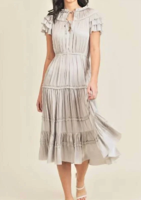 Short Sleeve Ruffle Midi Dress In Silver/grey