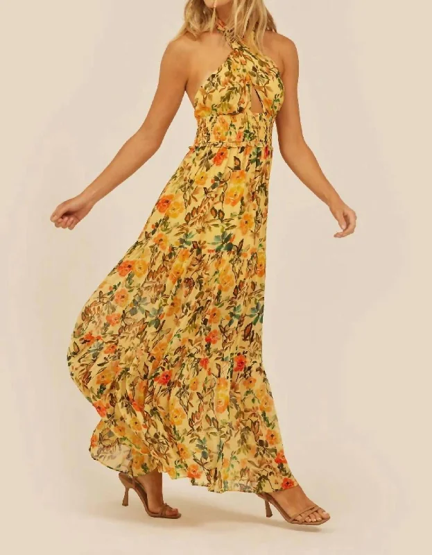 Halter Maxi Dress In Creamy Lemon Floral