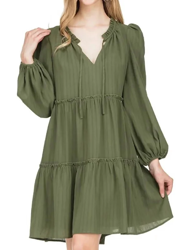 Gathers Tiered Dress In Olive