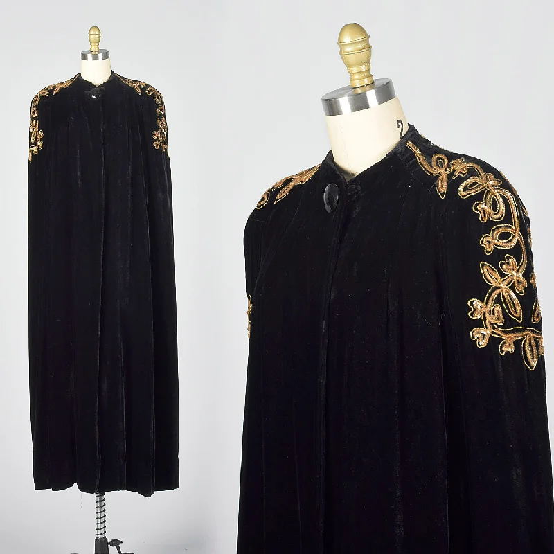 1940s Black Velvet Opera Cape with Gold Sequin Shoulders