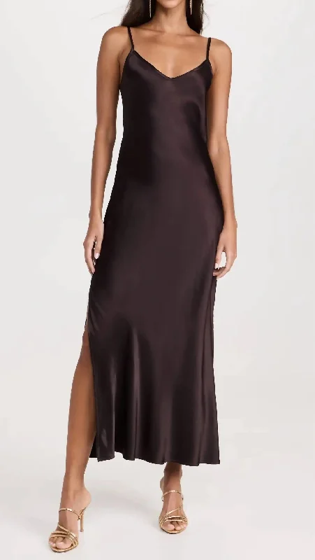 Silk Tank Bias Cut Maxi Dress In Bitter Brown