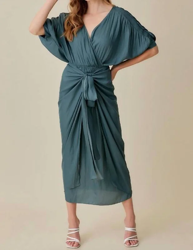 The Forest Hill Waist-Tie Satin Midi Dress In Balsam Green