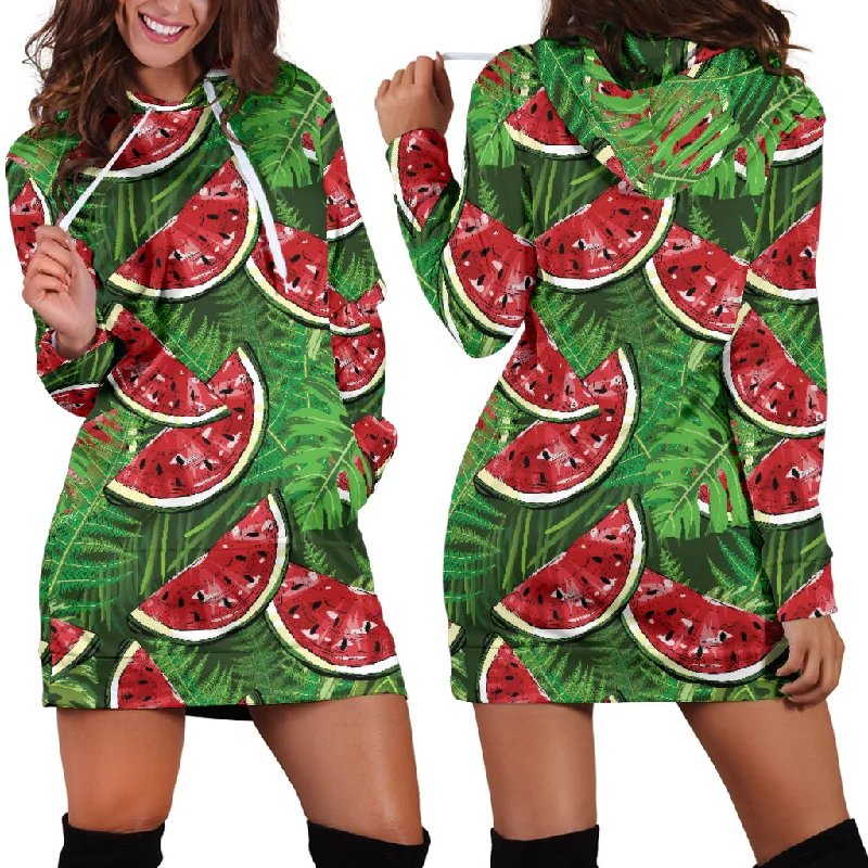 Watermelons Tropical Palm Leaves Pattern Background Women'S Hoodie Dress