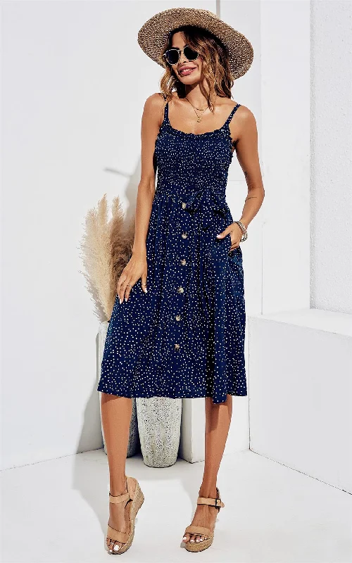 Price Rollback Button Down White Dot Print Midi Dress In Navy Blue