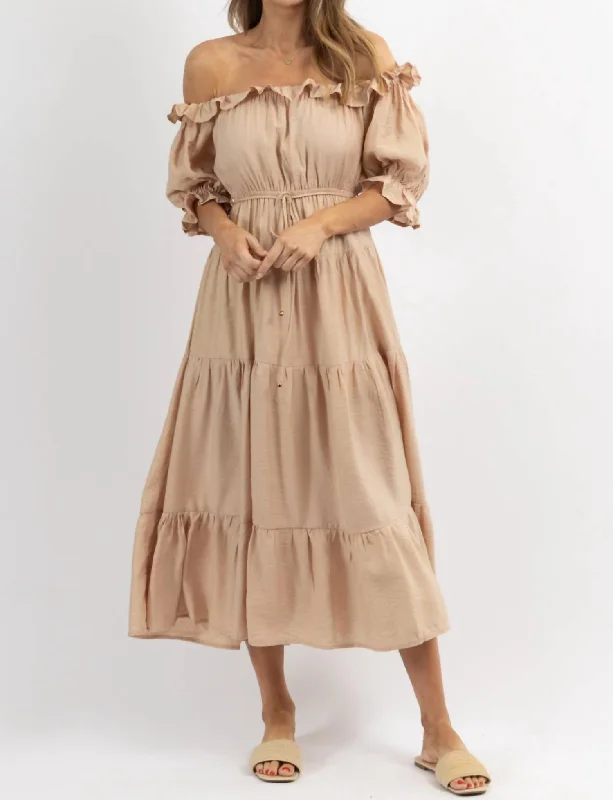 Off Shoulder Ruffle And Tie Waist Dress In Nude