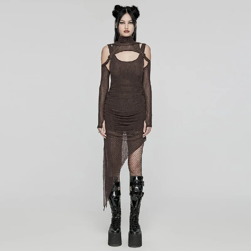 Extra Discounts Women's Punk Irregular Ruched Coffee Party Dress with Hooded Cape