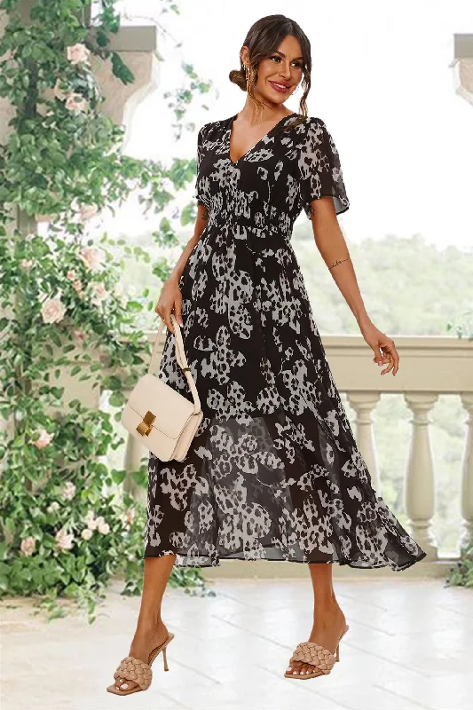 Last Chance Leopard Floral Print Angel Sleeve Maxi Dress In Black