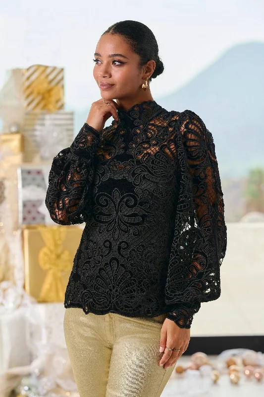 Reduced Prices Velvet Lace Mock-Neck Long-Sleeve Blouse Black