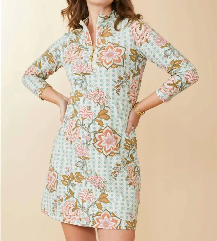 Nora Half Zip Dress In Calm Waters Floral Cane Blue