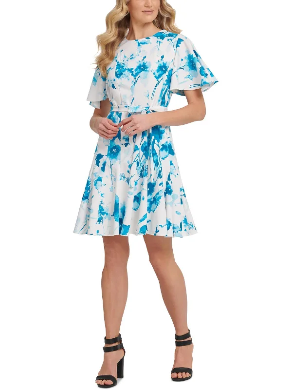 Womens Crepe Floral Print Fit & Flare Dress