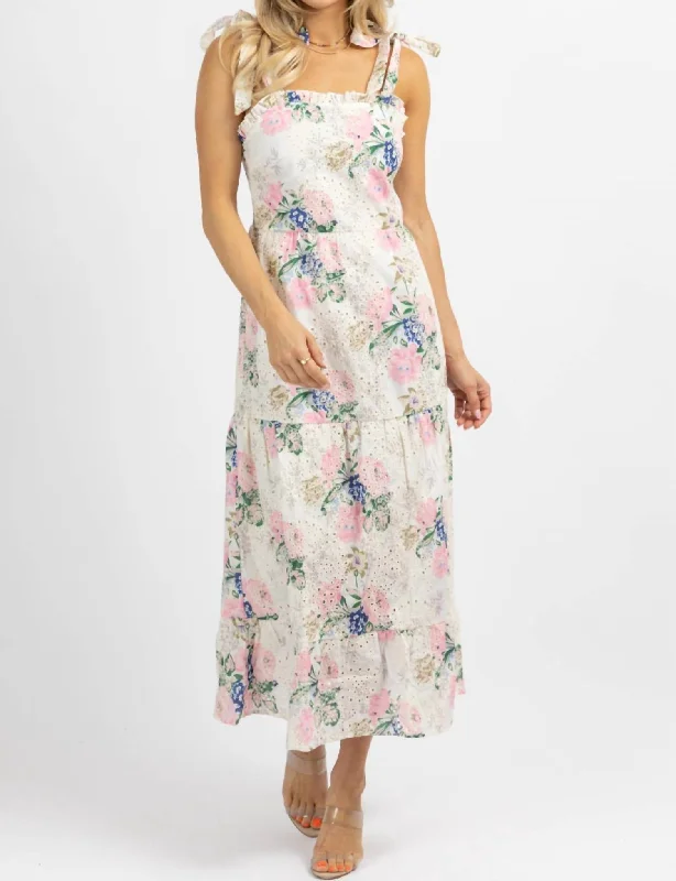 Floral Embroidered Tie Strap Midi Dress In White + Pink