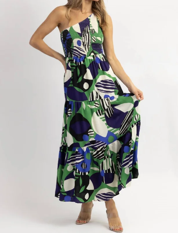 Costa Geometric One Shoulder Midi Dress In Multi