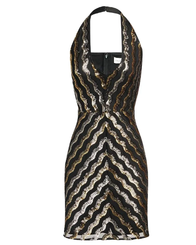 Nidya Halter Dress In Black/gold Wavy Sequin