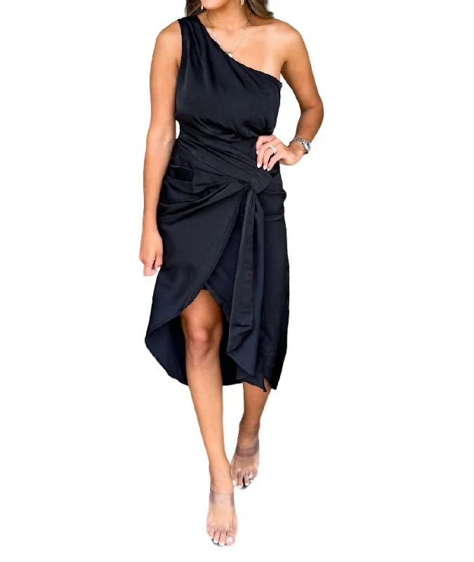 One Shoulder Gathered Dress In Black