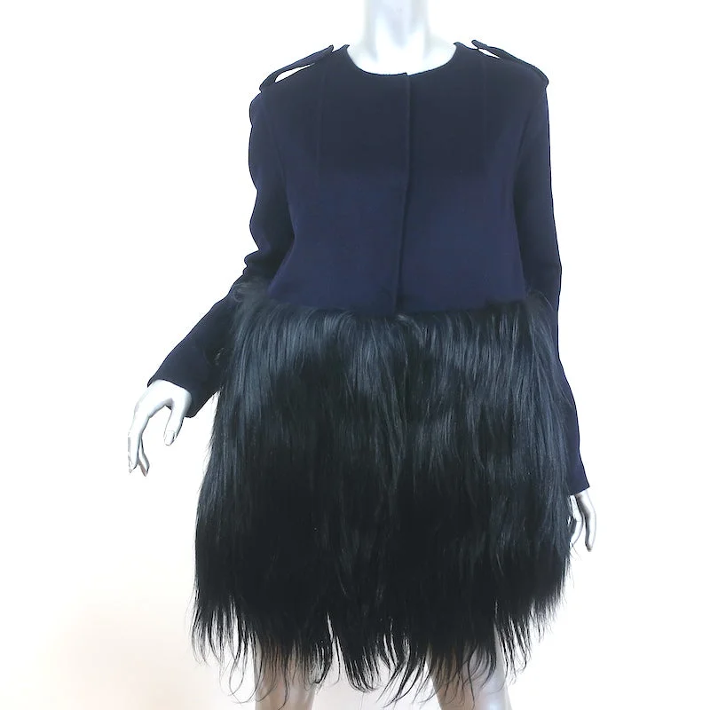 Barneys New York Goat Fur & Wool Coat Navy Size Small NEW