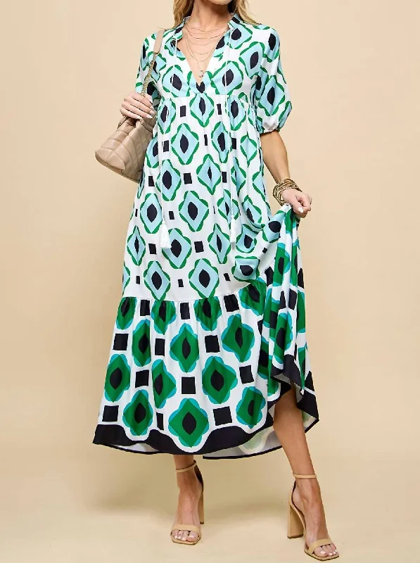 Lantern Sleeve Dress In Green