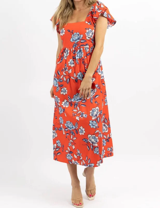 Kyrah Floral Cotton Midi Dress In Orange