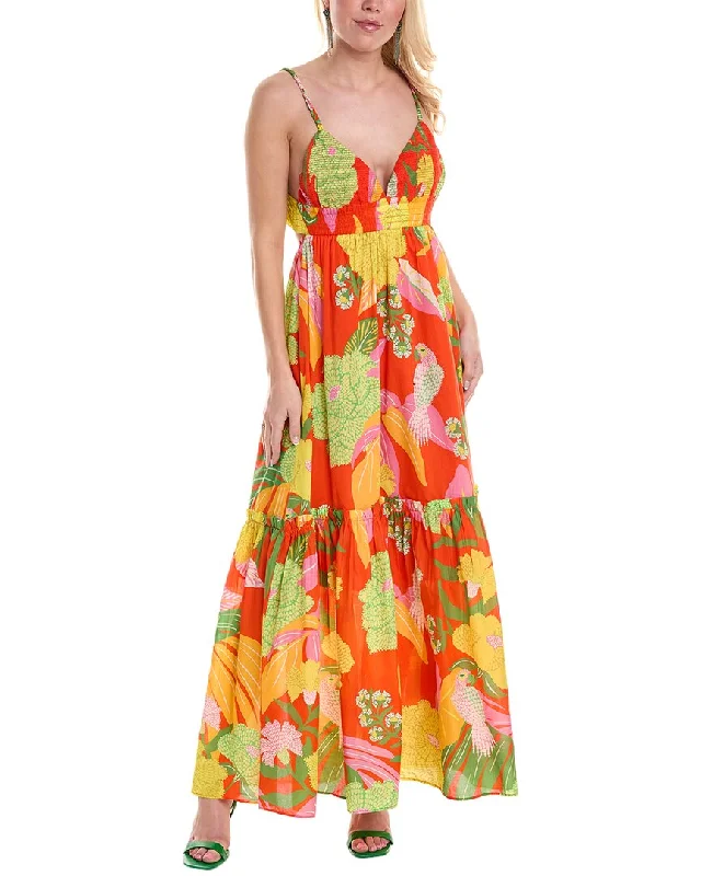 FARM Rio Neon Floral Smocked Bodice Maxi Dress