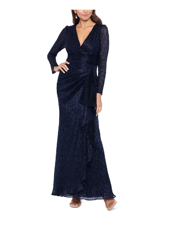 Flash Sale BETSY & ADAM Womens Zippered Long Sleeve Surplice Neckline Full-Length Evening Faux Wrap Dress