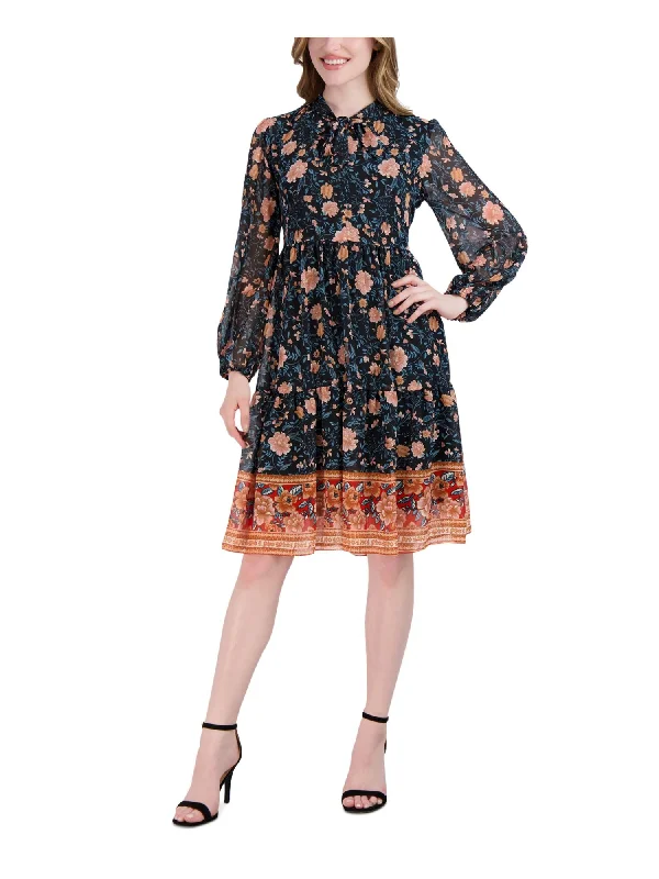 Daily Deals SIGNATURE BY ROBBIE BEE Womens Lined Floral Long Sleeve Tie Neck Above The Knee Wear To Work Fit + Flare Dress