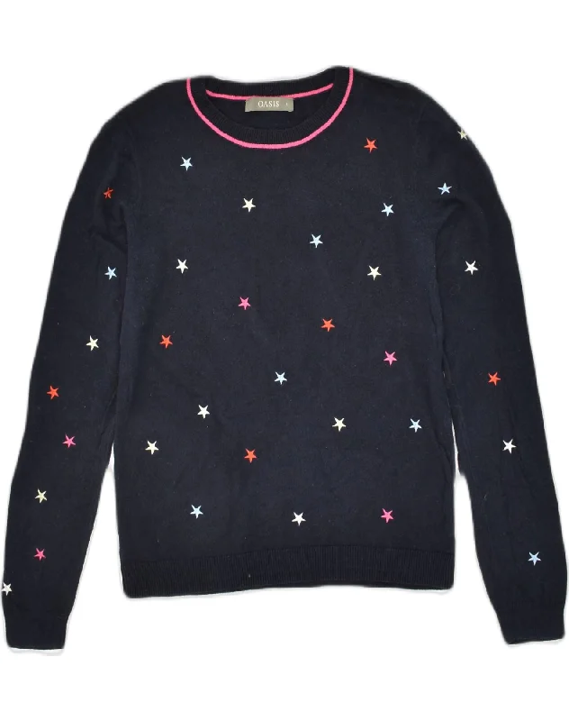 OASIS Womens Crazy Pattern Crew Neck Jumper Sweater UK 10 Small Navy Blue