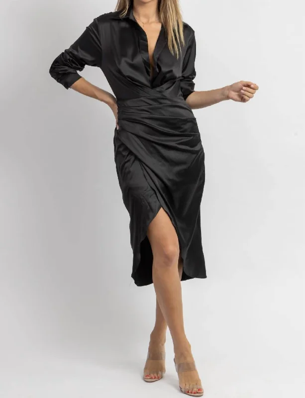 Camila Collar Side-Ruche Midi Dress In Black