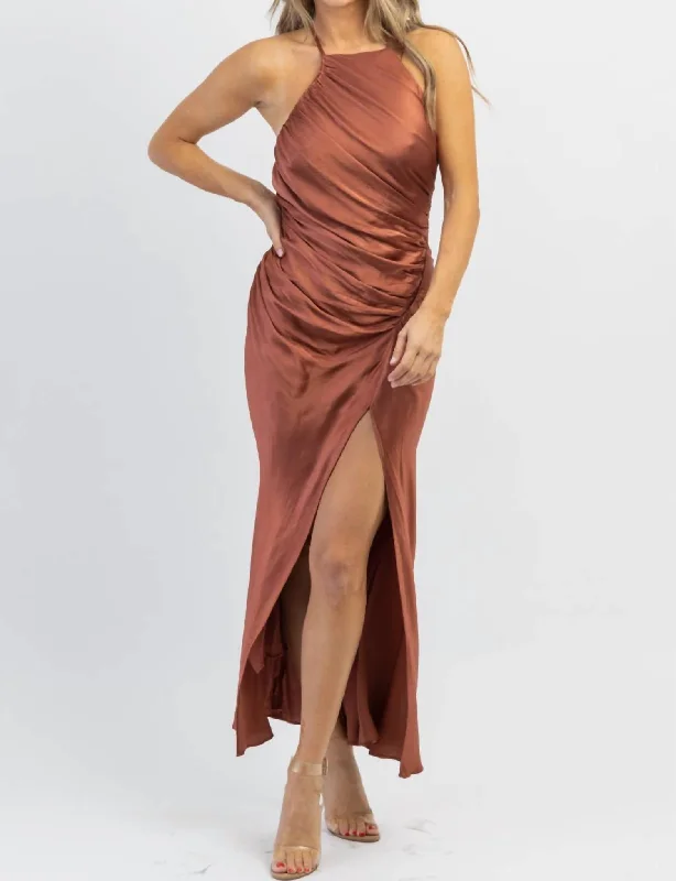 Biltmore Satin Shirring Dress In Rust