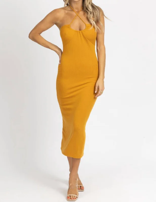 Halter Tie Midi Dress In Mustard