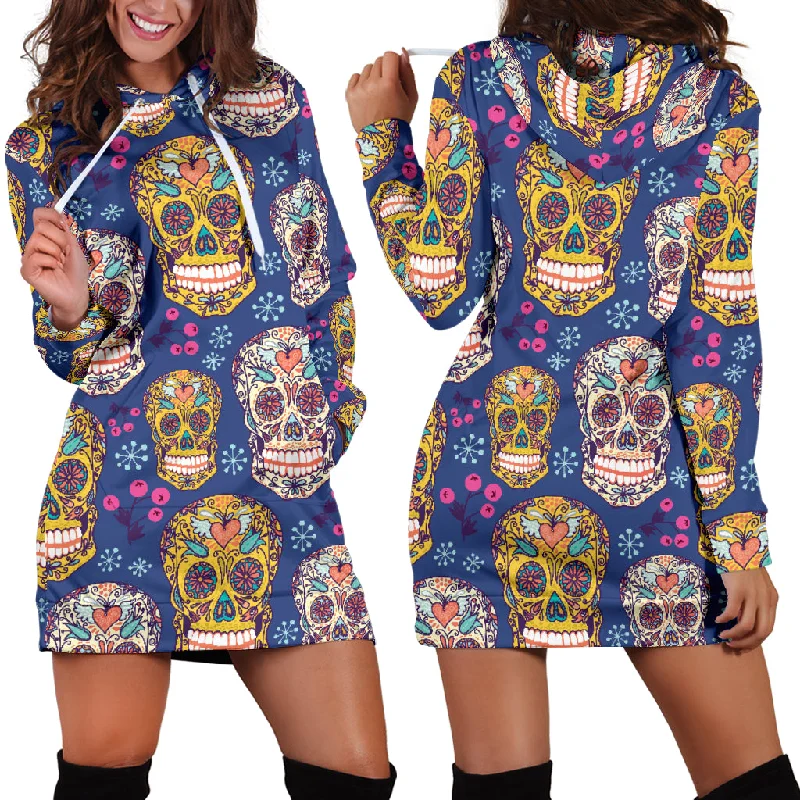 Sugar Skull Flower Pattern Women'S Hoodie Dress