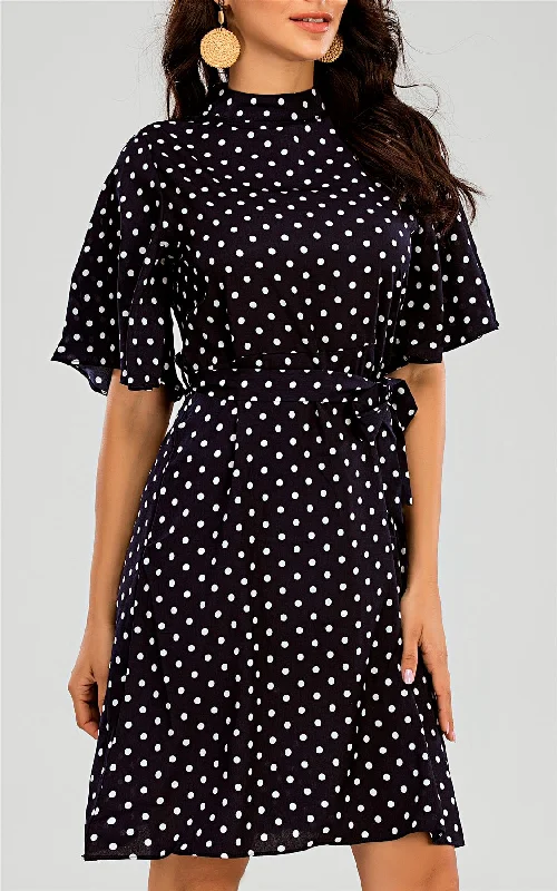 New Deals High Neck Mini Dress With Frill Hem And Black & White Polka Dot